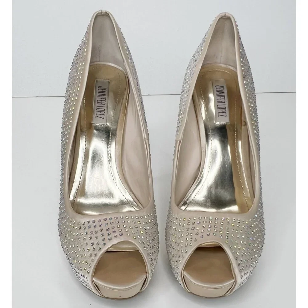 JENNIFER LOPEZ‎ Iridescent Peep Toe Blush Gems Stiletto Heels 10 - Picture 2 of 9